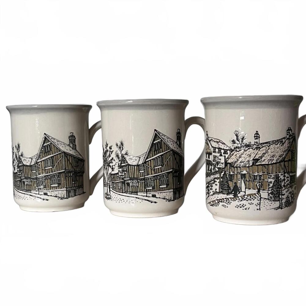 Vintage Bilton’s England Village Scene Stoneware Mug Set of 3 Thatched Cottage